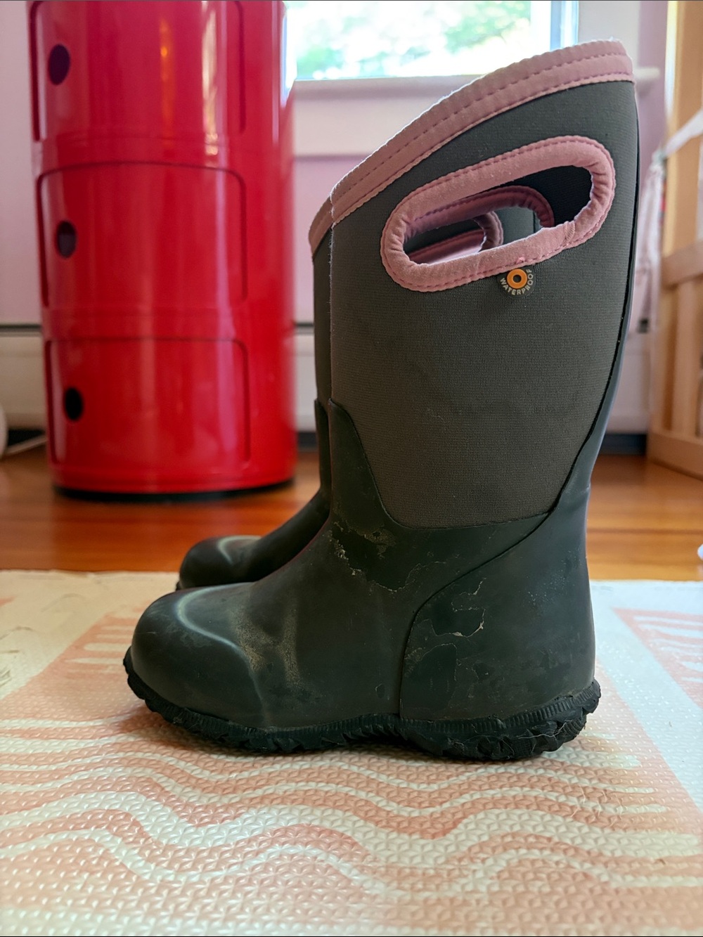 Kids Waterproof Rain Boots - Olive grey with Pink Trim -4F